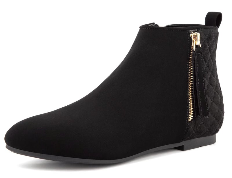 MaxMuxun Women's Ankle Boots Flat Low Heel Booties Ladies Quilted Fall Winter Fashion Boots with Side Zipper Black Faux Suede Size 9 - Image 1